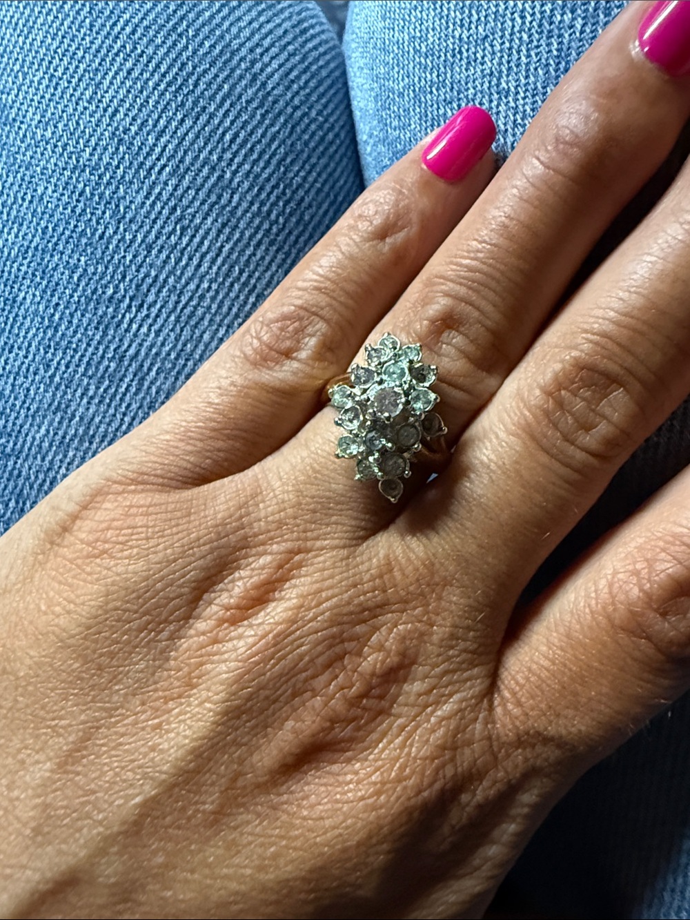 Vintage Silver Floral Cluster Ring with Clear Stones 18K